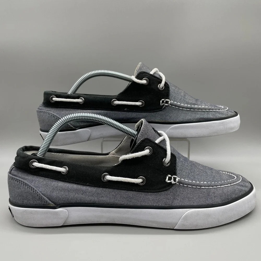 Polo Ralph Lauren Lander Boat Shoes Mens 10.5D Grey Black Chambray Loafers